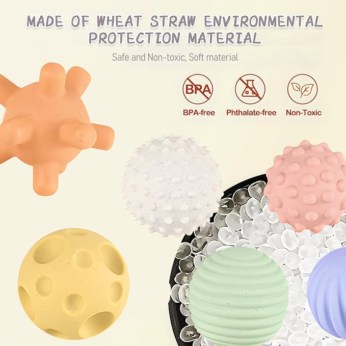 Sensory Balls for Babies - 6 Pack, Ball for Toddlers 1-3, Soft & Textured Montessori Baby Toys 6 to 12 Months, Wheat Straw Toddler Balls for Infant Development