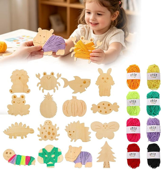 wilbvnit Wooden Yarn Winding Toy for Kids,DIY Animal & Shape Threading Board Set,Develop Fine Motor Skills & Creative Color Patterns,Montessori Sensory Craft Kit,Perfect Educational Gift for Toddlers