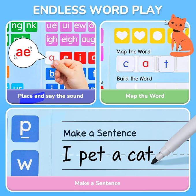 JoyCat 265 Phonics Magnetic Letter Tiles, with 3 Word Building Folder | 265 magnetic letter tiles with word folders support phonics, spelling and reading practice for preschool classrooms
