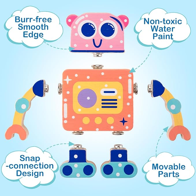 KODATEK Wooden Snap-Together Building Toys, Take Apart Robot Toys Playset | STEM Building Blocks, Fine Motor Skill, Montessori Educational Learning Toys for Boys & Girls Gift