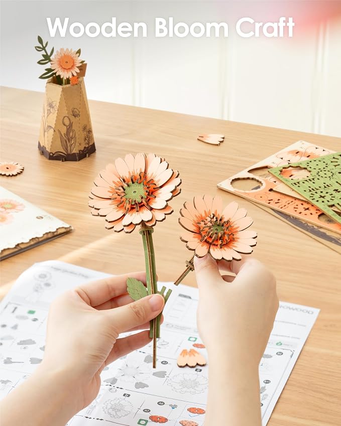 rowood 3D Puzzles for Adults,Mother's Day DIY Wooden Flower Building Set Craft Kits,Botanical Collection Home Decor, Teacher's Day/Christmas/Birthday Gift- Orange Gerbera Daisy