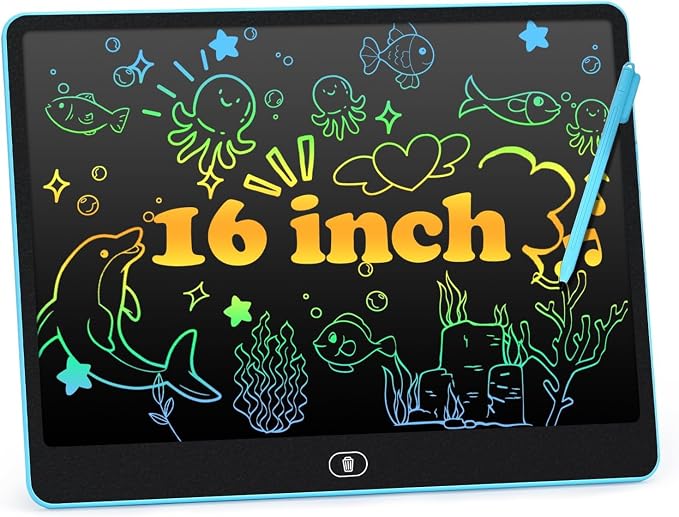 LCD Writing Tablet for Kids, 16 Inch Doodle Board Drawing Pad, Blue | Toddler Travel Essential, Road Trip Activities Outdoor Toys, Party Favor for Preschool Girls and Boys, Birthday Gifts Age 3-5