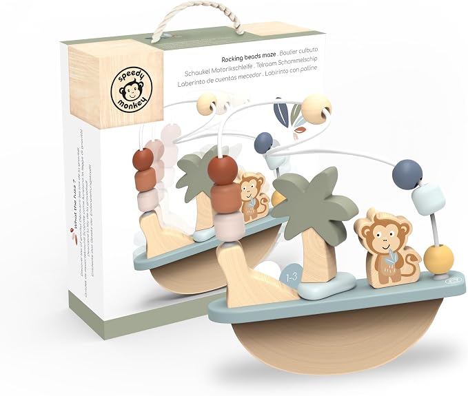Rocking Beads Maze – Soft Colored Wooden Monkey Bead Maze, Gently Rocks and Twists, 7 Beads for Dexterity and Coordination, Non-Toxic Paint, Ideal for Kids 1-3 Years, Educational Toy | 7 beads, monkey rocker frame, baby bead maze, dexterity sensory pla...