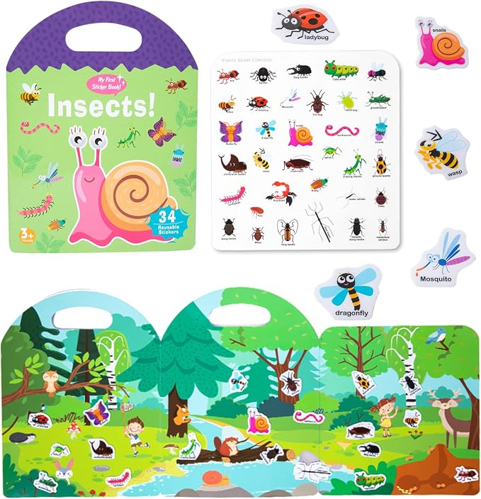 Jelly Reusable Sticker Books, Portable Travel Toys Sticker Activity Book for Kids 3+ Year Old Girls Boys (Insects)