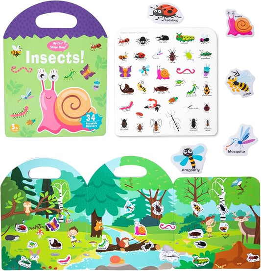 Jelly Reusable Sticker Books, Portable Travel Toys Sticker Activity Book for Kids 3+ Year Old Girls Boys (Insects)