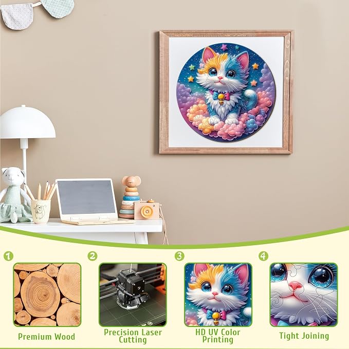 Rainbow Wooden Puzzles for Kids - Celestial Kitten | 50 Piece Puzzles for Kids Ages 6-8, Kids Puzzles with Unique Animal Shapes, Round Gift for Girls and Boys (11.4 * 11.4 in)
