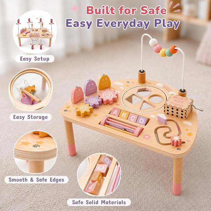 Vanplay Montessori Toys for 1 2 Year Old Girl Gift - 1st Christmas Birthday | 8 in 1 Learning Activities with Music Box/ Fishing Game, Busy Board Toys for Toddler 1-3, One Year Old Girl Birthday Gift