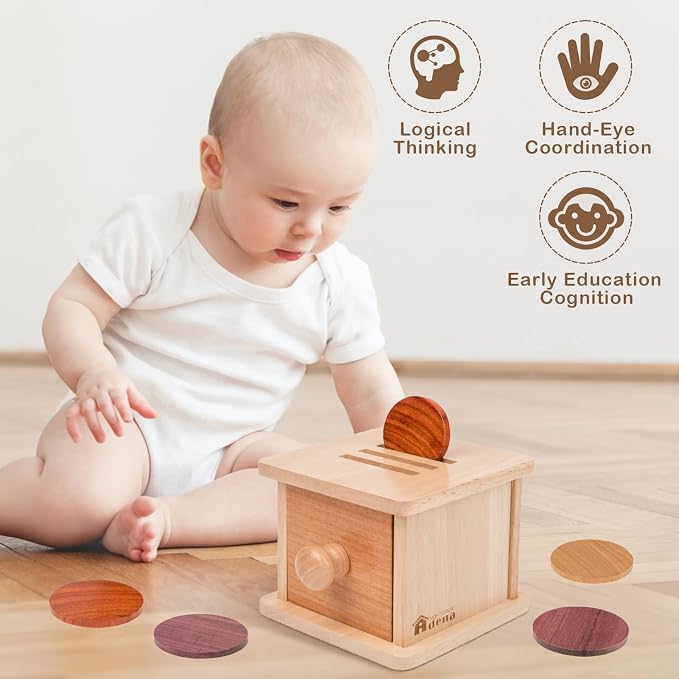 Adena Montessori Wooden Double-Sided Coin Box Object Permanence 6-12 Months | Solid wood, smooth edges. Two play modes, 6 coins. Builds grip, focus, fine motor. For 6-12 month infants. Gift.
