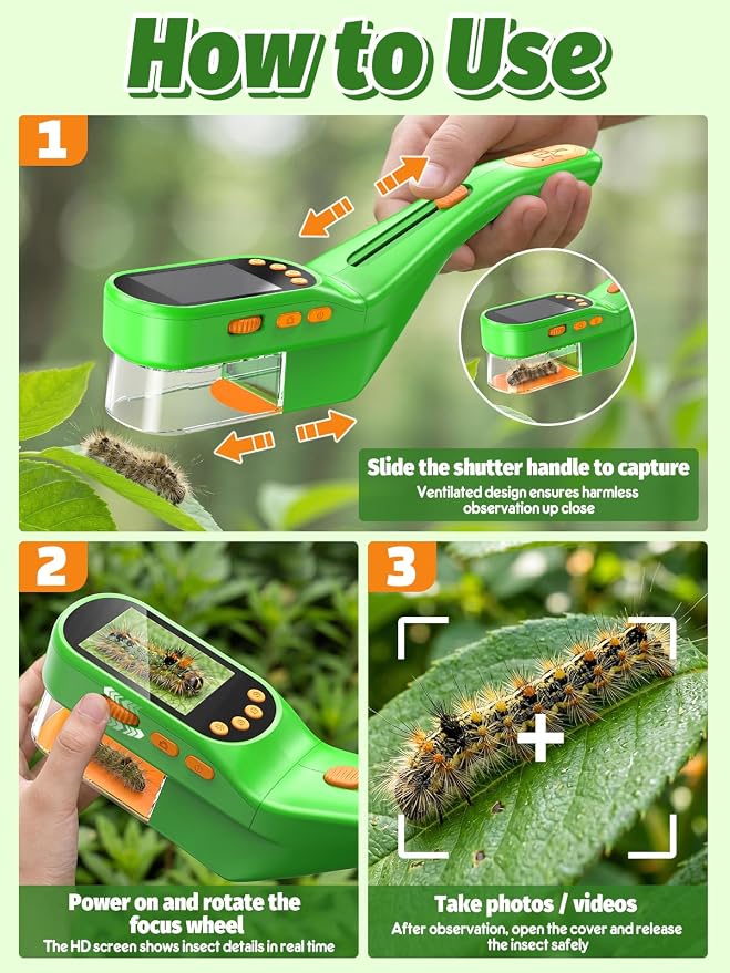 Acoath Bug Catcher, 2.4" IPS Screen Bug Catching Kit, Microscope for Kids | Handheld Digital Miniscope, Outdoor STEM Toy Portable Pocket Microscope Gifts for Age 5 6 7 8 9 10 11 12
