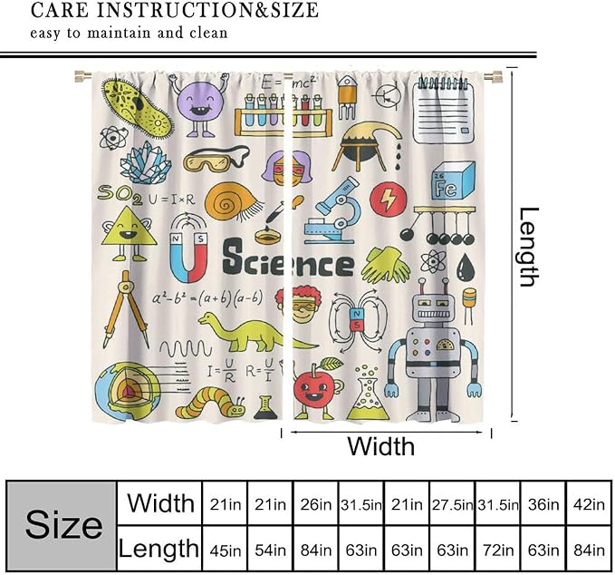 Cartoon Science Bedroom Curtains, Chemistry Science Pharmacy Research Blackout Rod Pocket Window Drapes for Childs Girls Boys Bedroom Living Room Home Set 2 Panels,42x45 Inches