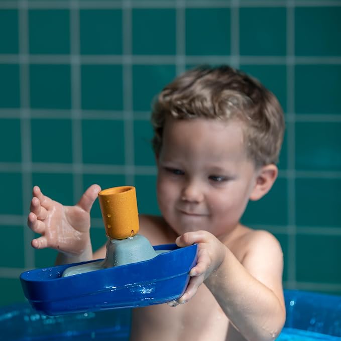PlanToys® Tugboat Wooden Bath Toy, Floating Boat Fine Motor Imaginative Play