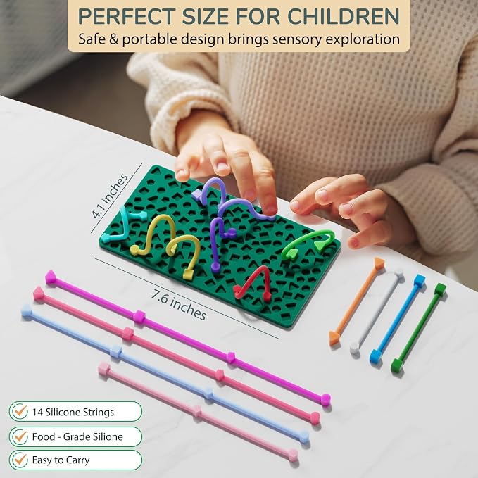 Sensory Activity Board for Kids Boys Girls, Fidget Toys for Stress Anxiety Autistic ADHD, Fidgets for Classroom Travel Airplane Toys for 3+ Year Old, Portable Travel Storage Box & 14 Strings