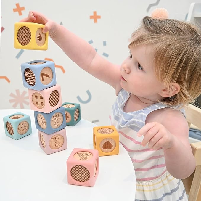 Little Rawr 9 Pcs Baby Silicone & Wooden Stacking Blocks, Food-Grade Silicone Baby Toy with Natural Wood Inserts, Soft Chewable Montessori Blocks for Toddlers, Animal Learning Toy