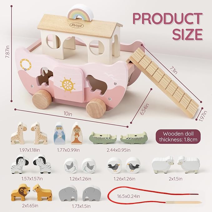 Joyreal Pink Wooden Noah's Ark Toy for 1 Year Old Baby Girl Baptism Gifts | Montessori Educational Toy, Animal Shape Sorter, Christian Toys for Toddler Boy 1-3 Years Old, Christmas Birthday Gift