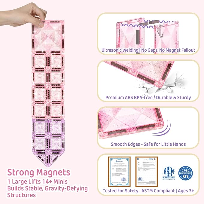 burgkidz Sparkling Glitter Magnetic Tiles: Castle Gift for Girls 3-8 | 42pcs pink-purple glitter, gift-ready tin, BPA-free, ASTM safe, strong magnets, 120min quiet, castle toy for girls 3-8