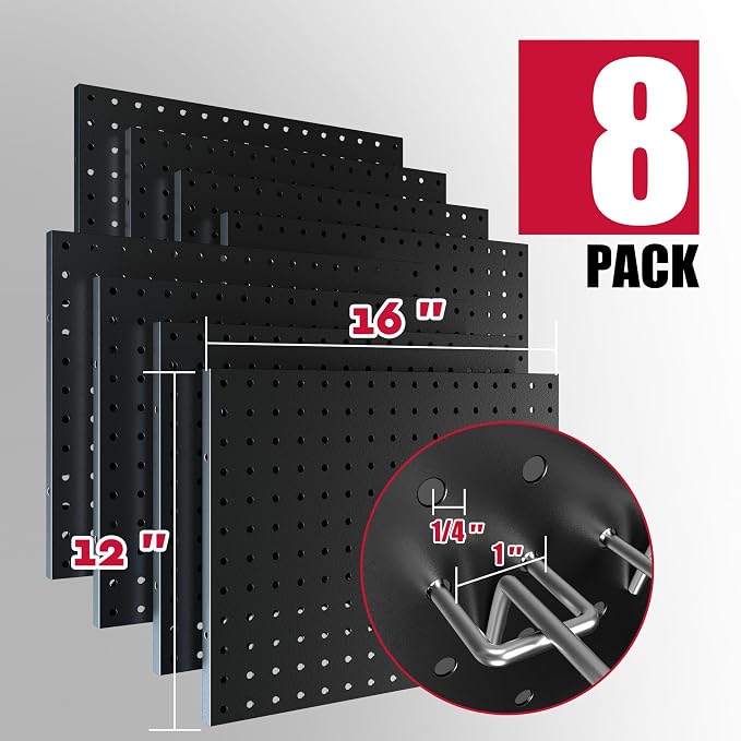 Spampur Peg Board, 8 Pack Metal Pegboard Wall Organizer with Accessories | Black Pegboard Panels with 50 Pcs Hooks and Baskets, Wall Organizer for Office, Craft Room Organization, Garage, Sewing Room