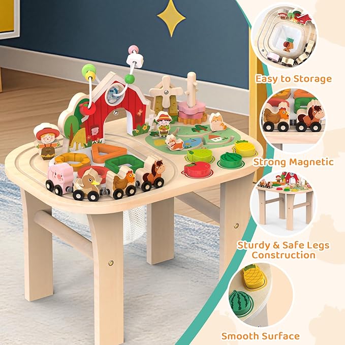 Weilim Montessori Activity Table for 1 Year Old, Wooden Farm Toddler Toy | Busy Activity Center with Bead Maze, Shape Sorter, Train Track & Spinning Gears—Sensory Play That Grows Fine Motor Skills