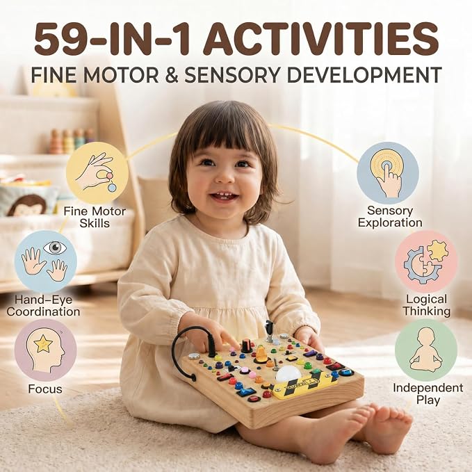 RichBoy Busy Boards, Lights Switch-Style, Wooden, 59-in-1, Large | Toddlers Birthday Gifts, Montessori Toys, Autism Sensory, Fine Motor Skills, Educational Learning, Travel Essentials