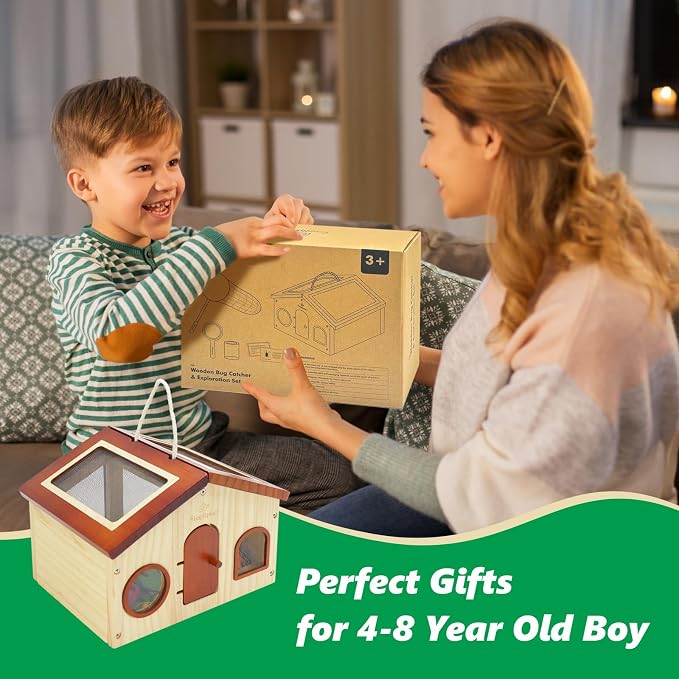 SimpliPlay Kids Explorer Kit & Bug Catcher for Kids, Outdoor Toys | Portable Wooden Bug Habitat, Butterfly Net, Magnifier, Observation Cup, 15 Insect Cards for Toddler 3-8 Year Old Boy Gift
