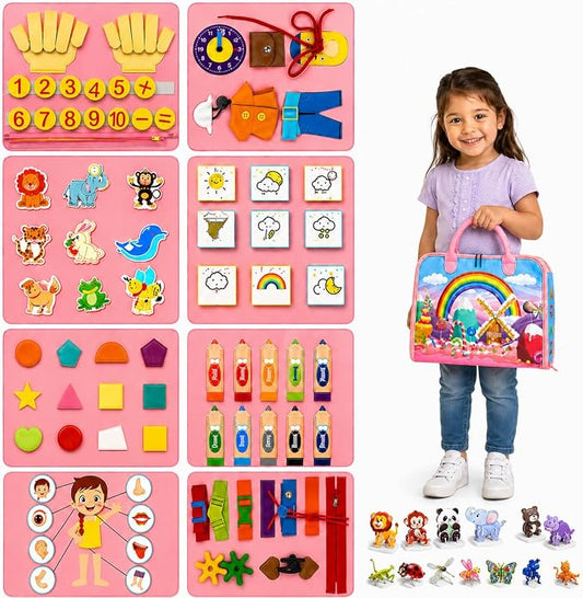 Solens Busy Book for Toddlers, Montessori Busy Board with 25+ Activities on 8 Pages and 3D Assorted Puzzles, Felt Activity Book with Numbers, Colors, Daily Life and Fine Motor Learning, Pink (Pink)