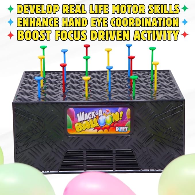 Wack A Balloon Party Edition Pop Game for Kids & Adults, Family Fun | 400 balloons, 200 nails, 4 hammers, 28 challenge cards, spinner, inflator, reusable ties, ages 4+