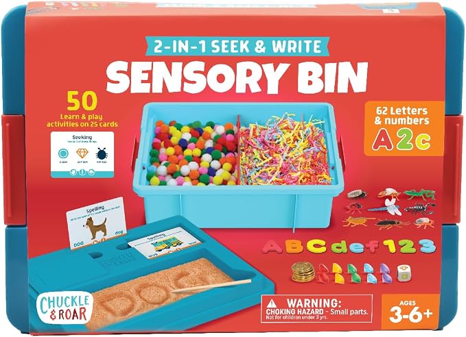 Chuckle & Roar 2-in-1 Seek & Write Sensory Bin – Montessori Tactile Learning Activity Set with Sand Writing Lid, 50 Activities, Tools & Storage Bin for Kids Ages 3-6+