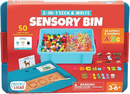 Chuckle & Roar 2-in-1 Seek & Write Sensory Bin – Montessori Tactile Learning Activity Set with Sand Writing Lid, 50 Activities, Tools & Storage Bin for Kids Ages 3-6+