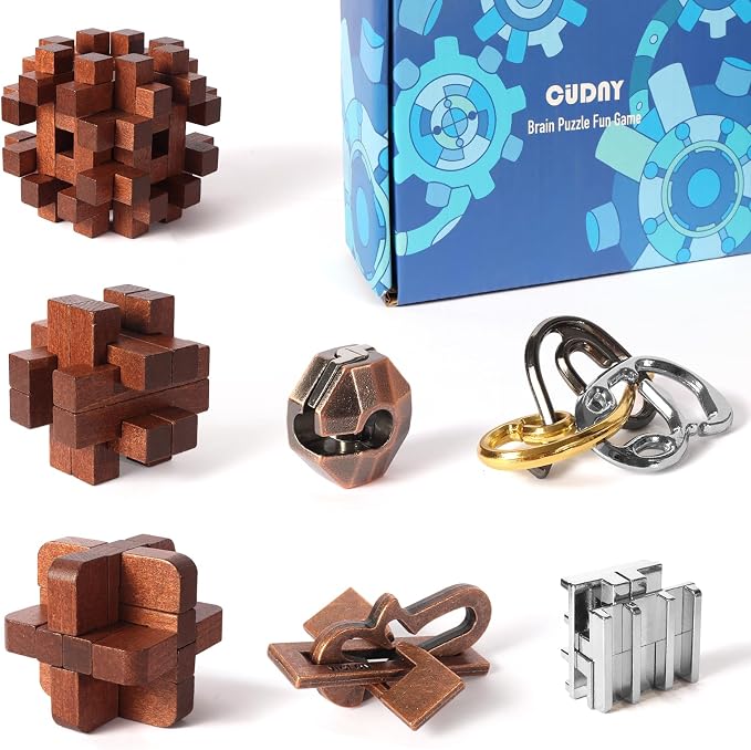 CUDNY 7 Pieces Cool Unlock Interlock Brain Teaser Puzzles Retro Wooden and Metal Puzzles IQ Logic Fun Puzzle Box Challenge Game