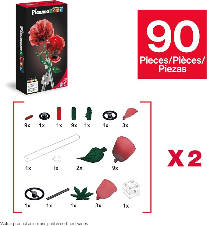 PicassoTiles Red Stem Roses Building 90pc Kit with Magnetic Hold Pieces Creative Flower Construction Toy Hands-On Play Discovery Activity Playset Kids Toys Girls Boys Ages 3+ PBS201
