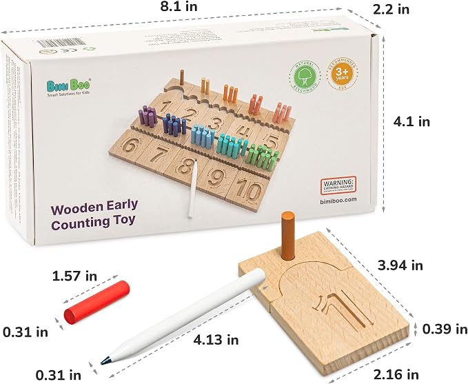 Peg Board for Toddlers - Wooden Counting Peg Board and Number Tracing Set, Montessori Math Toy for Preschoolers and Kindergarten (55 Pegs, 10 Boards, 1 Pencil)