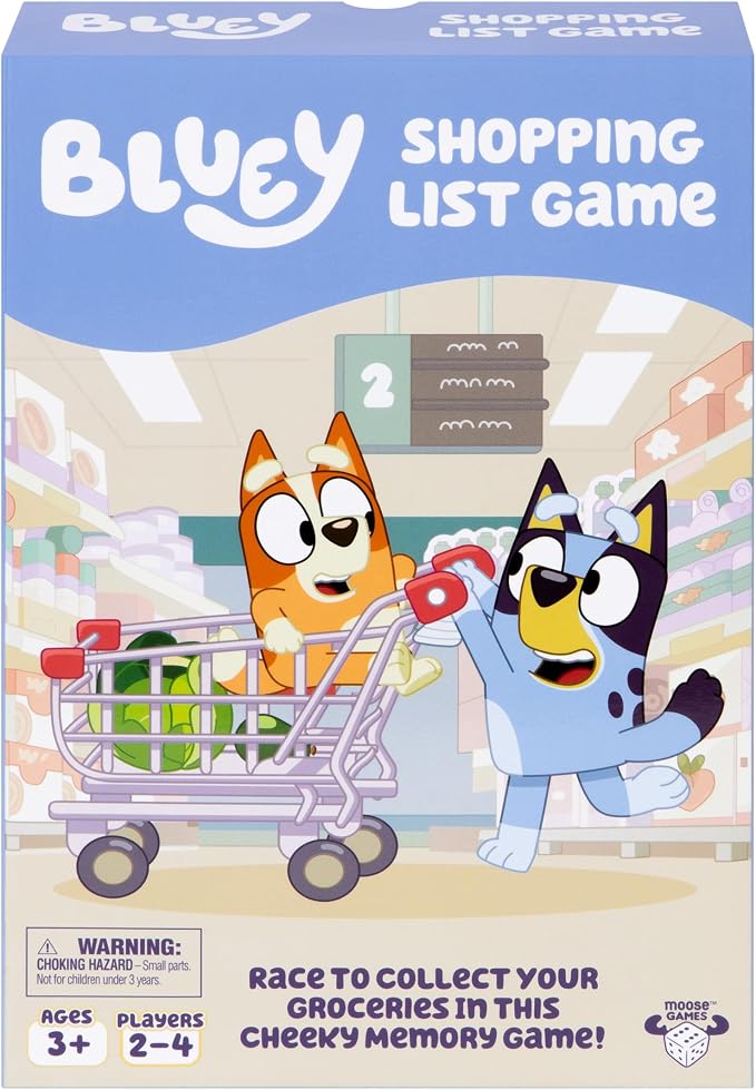 Bluey Shopping List Game, Memory & Matching Supermarket Game | Race to fill trolley with Bluey, Bingo, Bandit & Chilli, 2-4 players; family game for kids ages 3+