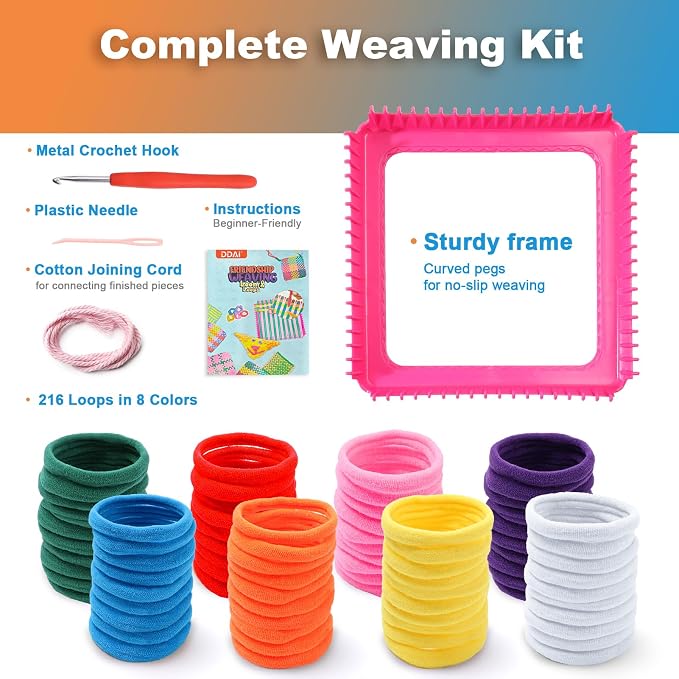 DDAI Weaving Loom Kit for Kids, DIY Potholder Craft Kit Ages 6+ | Compact 7-Inch Loom; Bright Color Loops; Easy Weaving Patterns; Hands-On Skill Building; Screen-Free Craft Fun.