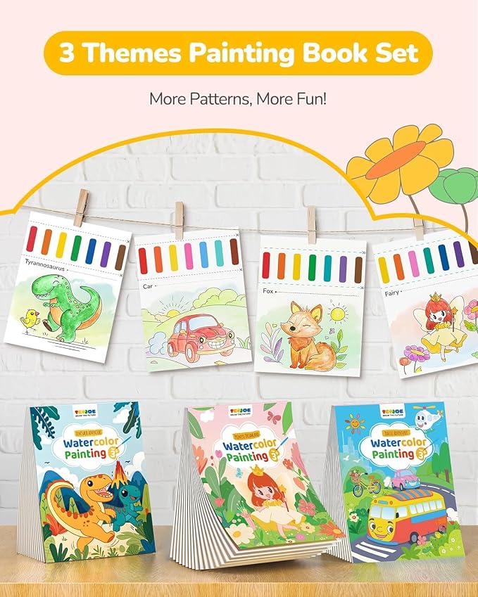 TECJOE 3 Pack Paint with Water Coloring Books for Toddlers, Mess Free Watercolor Painting Set with 6 Brushes, Travel Art Craft Toys Birthday Gifts for Kids Ages 3-8, Traffic, Princess & Dinosaur | Thick Watercolor Paper With 6 Brushes, Mess Free Travel...
