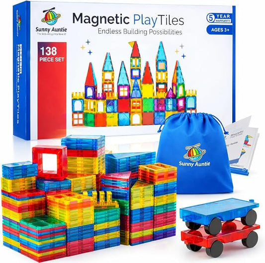 SUNNY AUNTIE Magnetic Tiles STEM Toys Building Set, Ages 3+ - 138 Pieces | Magnetic Tiles Building Toys, STEM Toys, Magnetic Blocks Construction Set, with 2 Cars & Guide Booklet for Kids Ages 3+
