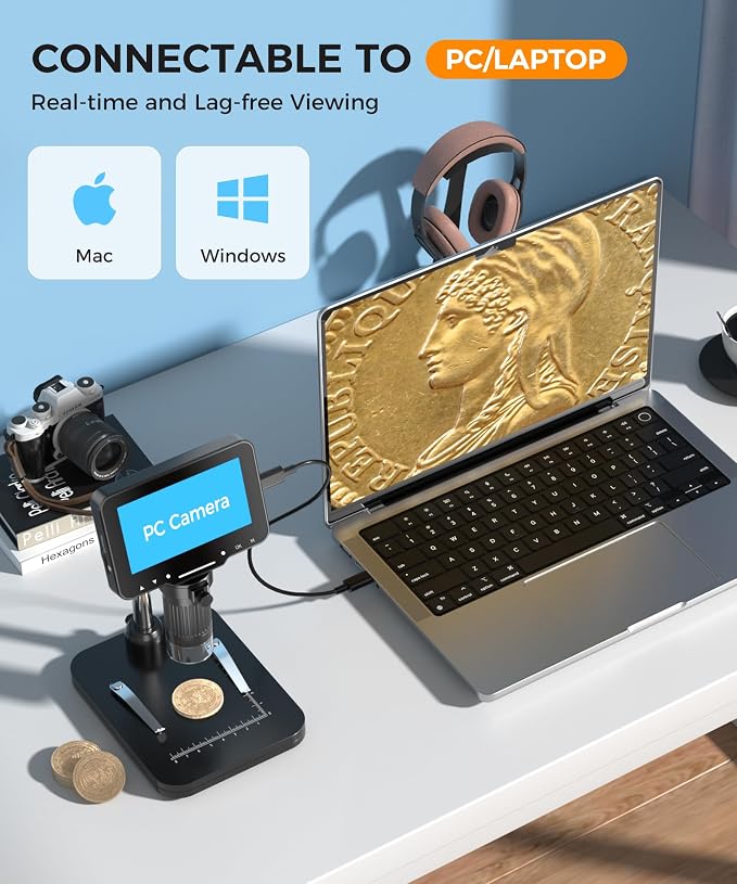PalliPartners Digital Microscope for Coins with Light HD Screen | 4.3 Inch 1080P HD Screen, 10MP Camera, 1-1000X Zoom. Wireless USB Digital Microscope with Video Recorder for Inspection