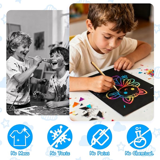 Cityrosy 100 Pcs Scratch Art Paper Rainbow Sets Arts and Crafts for Kids ﻿ | Classroom Supplies Black Magic Scratch Off Craft Set Kits for Age 3-12 Party Games Birthday Gifts Easter Basket Stuffers