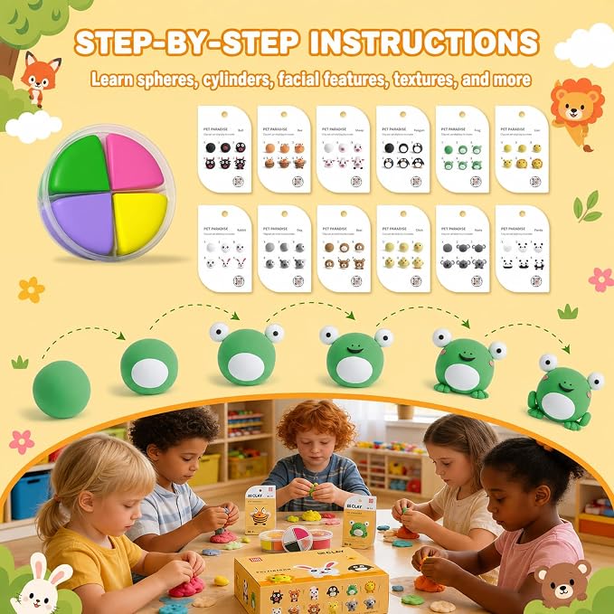 Air Dry Clay Kit -12 Animals Modeling Clay for Kids Arts and Crafts | Ultra Light & Soft,Safe & Non-Toxic,No-Sticky & Crack,DIY Molding Clay with Sculpting Tools,Party Favors Gifts for Girls Boys