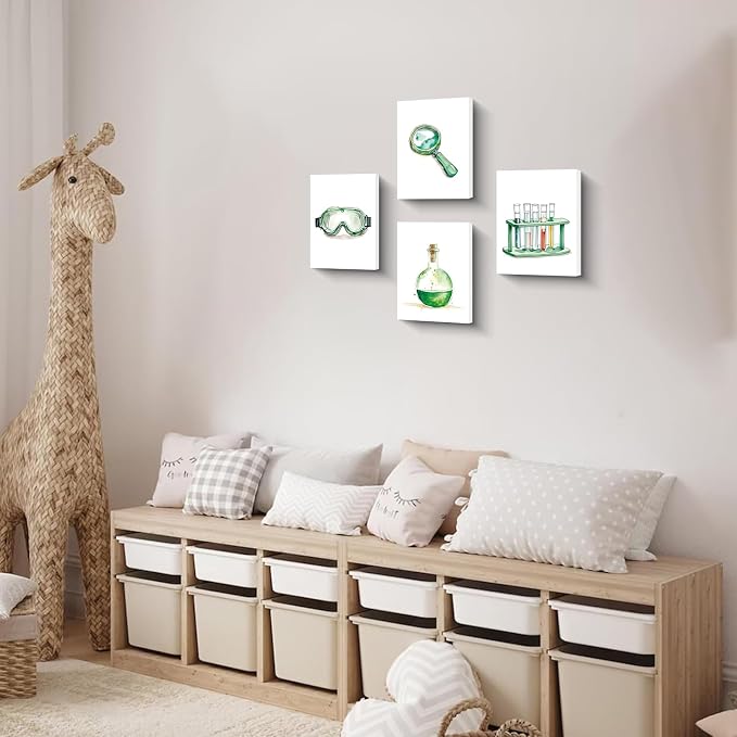 Framed Science Wall Art Canvas Prints,Microbiology Chemistry Wall Prints | Colorful and Interesting Science Explore Canvas Posters for Laboratory Kids Classroom Bulletin Board Decor Set of 4 (8"x10")