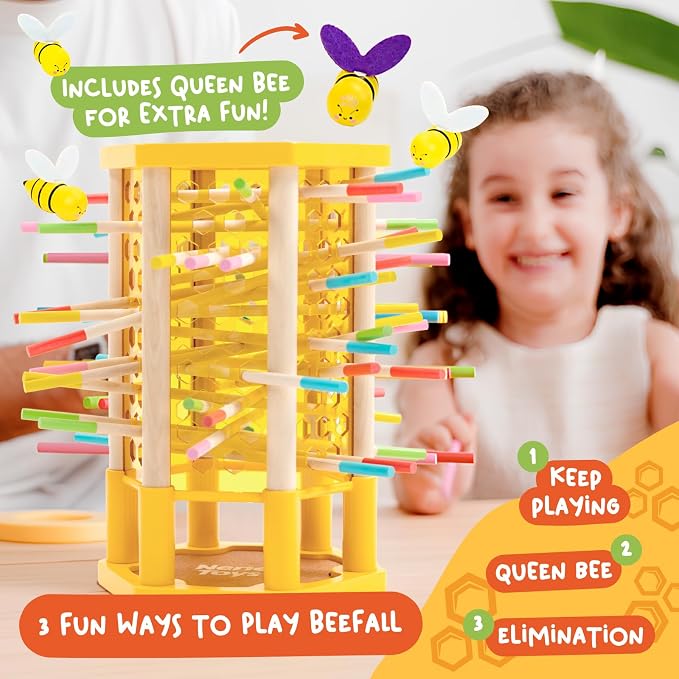 Nene Toys BeeFall Jumbo, 4-in-1 Wooden Honey Bee Toy for Kids Ages 3-9 - Educational Game with Wooden Honeybee Hive, 12 Bees, Colorful Sticks, Dice & Cards - Fun Family Game for Cognitive Development