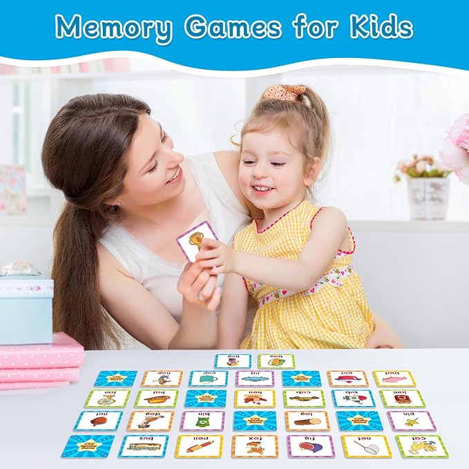 CVC Word Games Kindergarten, Memory Games for Kids Ages 4-8 & Matching Game | for Toddlers 3-5, 60 PCS Phonics Games Flash Cards, Educational Toys Homeschool Bakc to School Supplies for Boys and Girls