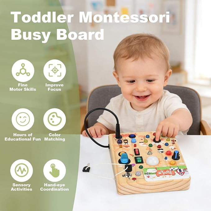 Busy Board for Toddlers 1-3 - Montessori Educational Sensory Toy for Kids | 10 Switches & 19 LED Lights Farm Sensory Toy, Develops Fine Motor Skills, Portable Travel Toy, Birthday Gift for Boys & Girls