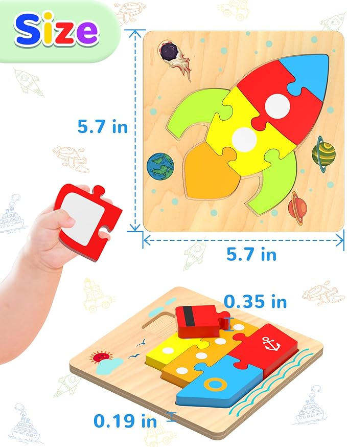 Wooden Toddler Puzzles Gifts Montessori Toys for 1 2 3 Years Old Boys Girls | 6 Vehicle Shape Puzzles, Boy Birthday Gift, Montessori Toys Educational Blocks for Toddlers 1-3, 2-4, Baby Learning Toys