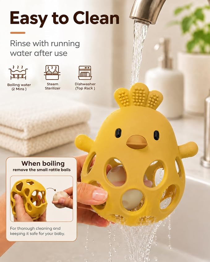 Tinabless 2-in-1 Baby Teether Rattle Toy, Easy Grip Silicone Teething Toy for Babies 3-12 Months, BPA-Free Sensory Chew Toy for Sore Gums, Infant Shower Gift (Yellow w/Rattle)