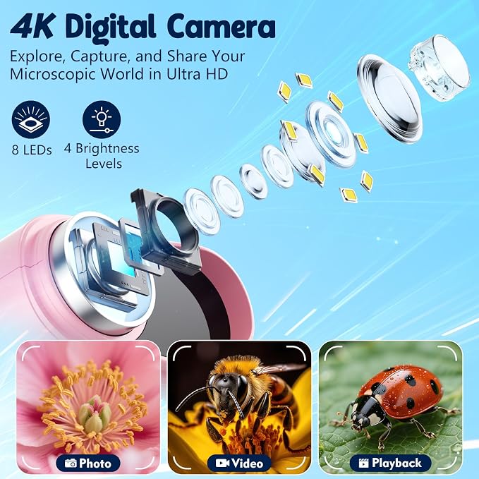 Odatay 4K 1000X Digital Microscope for Kids with Long Distance Viewing & 2.4" Screen, Portable Handheld Edu Toys for Kids Exploring Bugs Plants at Home Classroom & Outdoor Travel, Bright Pink