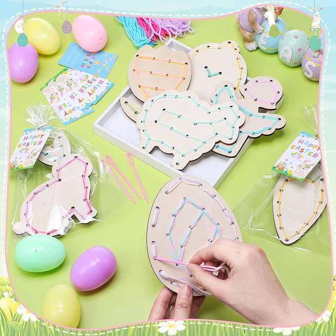 Capoda 18 Sets Back to School Crafts for Kids Wooden Classroom Lacing Card Toys Spring Basket Essentials with Colorful Threads for Classroom Girls Boys Spring Craft Activities Baskets Filler Supplies