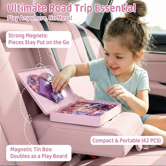 Magnetic Tiles Girls Travel Toy: 42 PCS Pink Glitter Castle Tin Box | 120 Mins Quiet Play & 60s Cleanup On the Go for Airplane Road Trips - Portable Safe Building Blocks Toddler Kids Gift Age 3-6