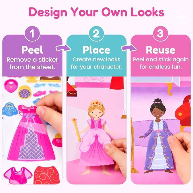 JoyCat Reusable Dress-Up Sticker Books, 3-Pack, Princess Mermaid Fashion | 200+ washable stickers, kids car activities, toddler creative play, preschool travel toy, birthday gift for 4 year old girls