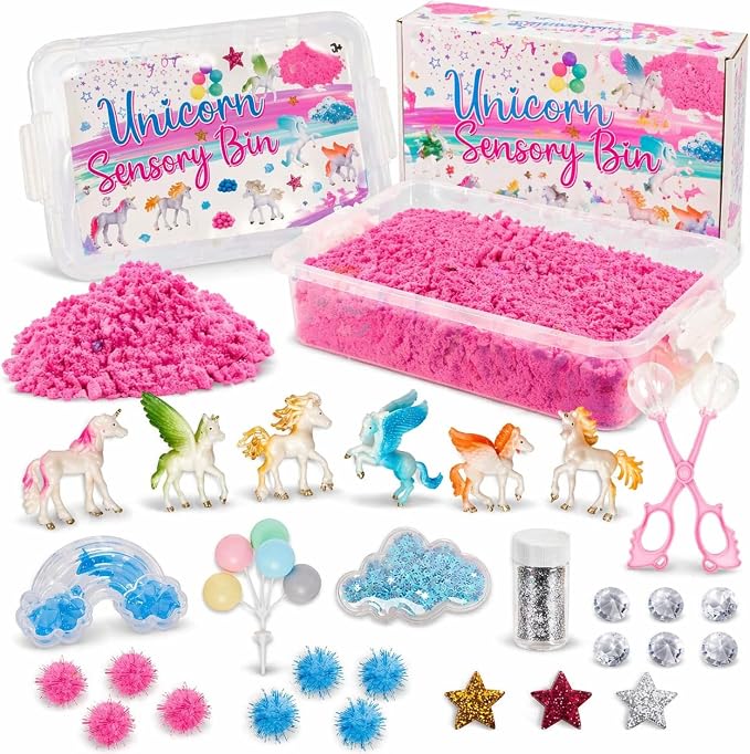 Unicorn Sensory Sand Bin-38 PCS Set with 2 lb Magic Sand, Sensory Bin for Toddlers & Scooper-Count Sparkly Pom-Poms, Bring Unicorns to Life - Ideal Gift for Kids | 38 piece toddler sensory bin kit with magic play sand, scoopers, and sparkly pom-poms. I...