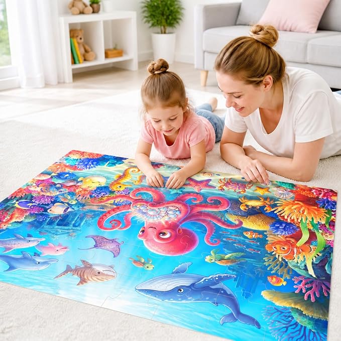 Jumbo Floor Puzzles for Kids Ages 3-5 48 Piece Ocean Educational Toy | Featuring octopus whale shark and dolphin for 3 4 5 6 7 8 year old boy and girl learning and indoor family play time