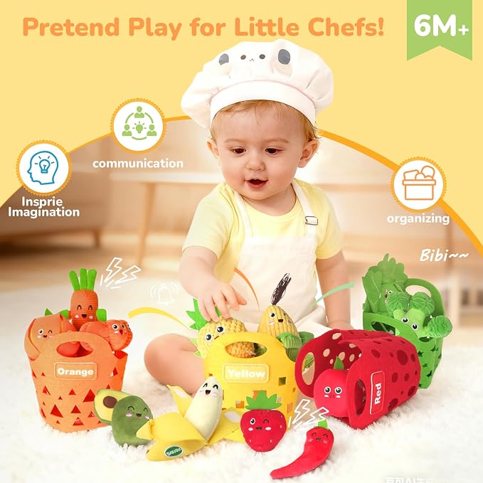 Baby Color Sorting Sensory Toys - Fruit Vegetable Play Food 1 Year Old Toys | Plush Pretend Play Toy for Toddlers 1-3, Montessori Toys Baby 6-12 Months Boy Girl Birthday Gifts, Peelable, Crinkle & Rattle